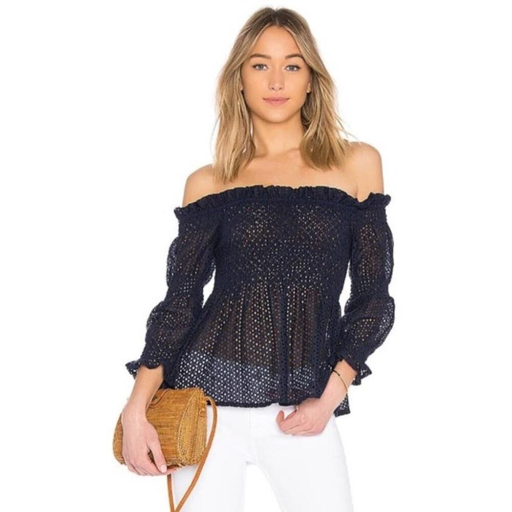 Bardot Aspen Off Shoulder Smocked Lace Top Navy Blue Women's XS 4 NWOT